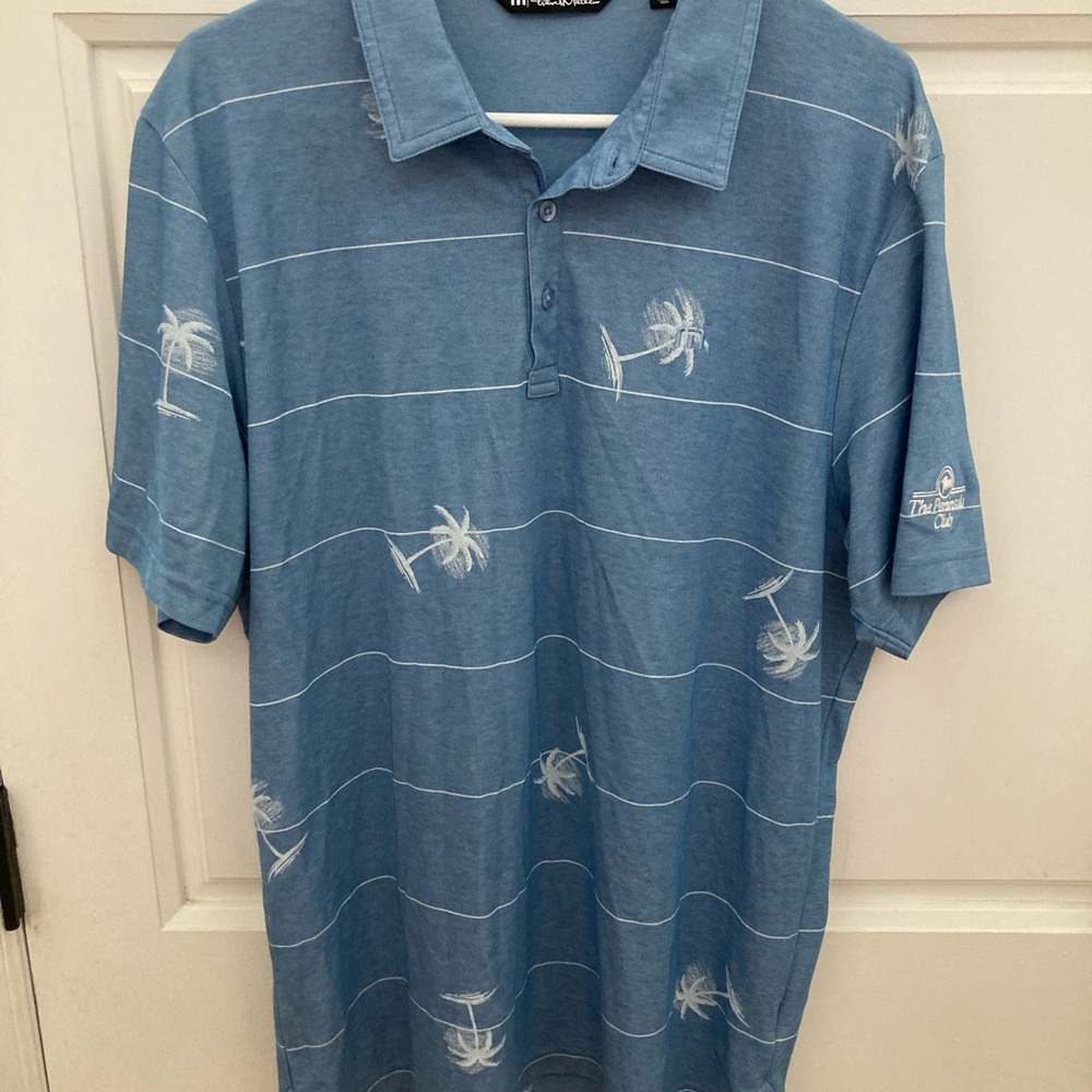 Travis Mathew Men's Light Blue Patterned Polo with Palm Pattern